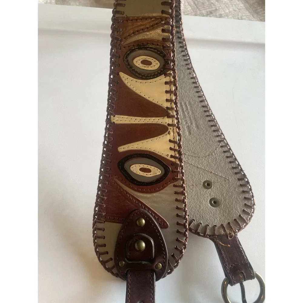 Vintage Hand Tooled Leather Inlay Belt Boho Western Whipstitch Brown Tan Medium